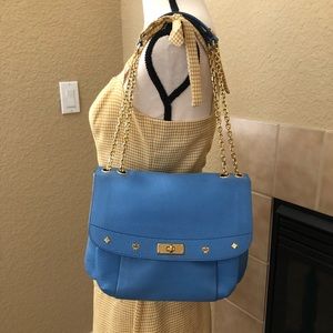 MCM Blue Leather Chain Shoulder Bag with Gold Hardware